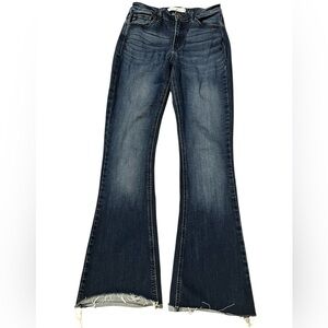 KanCan dark wash midrise flare jeans with raw hem